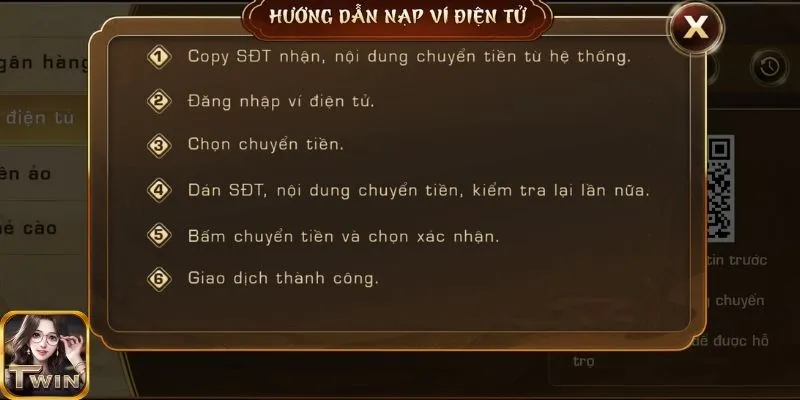 Các bước thực hiện nạp tiền tại cổng game Twin68